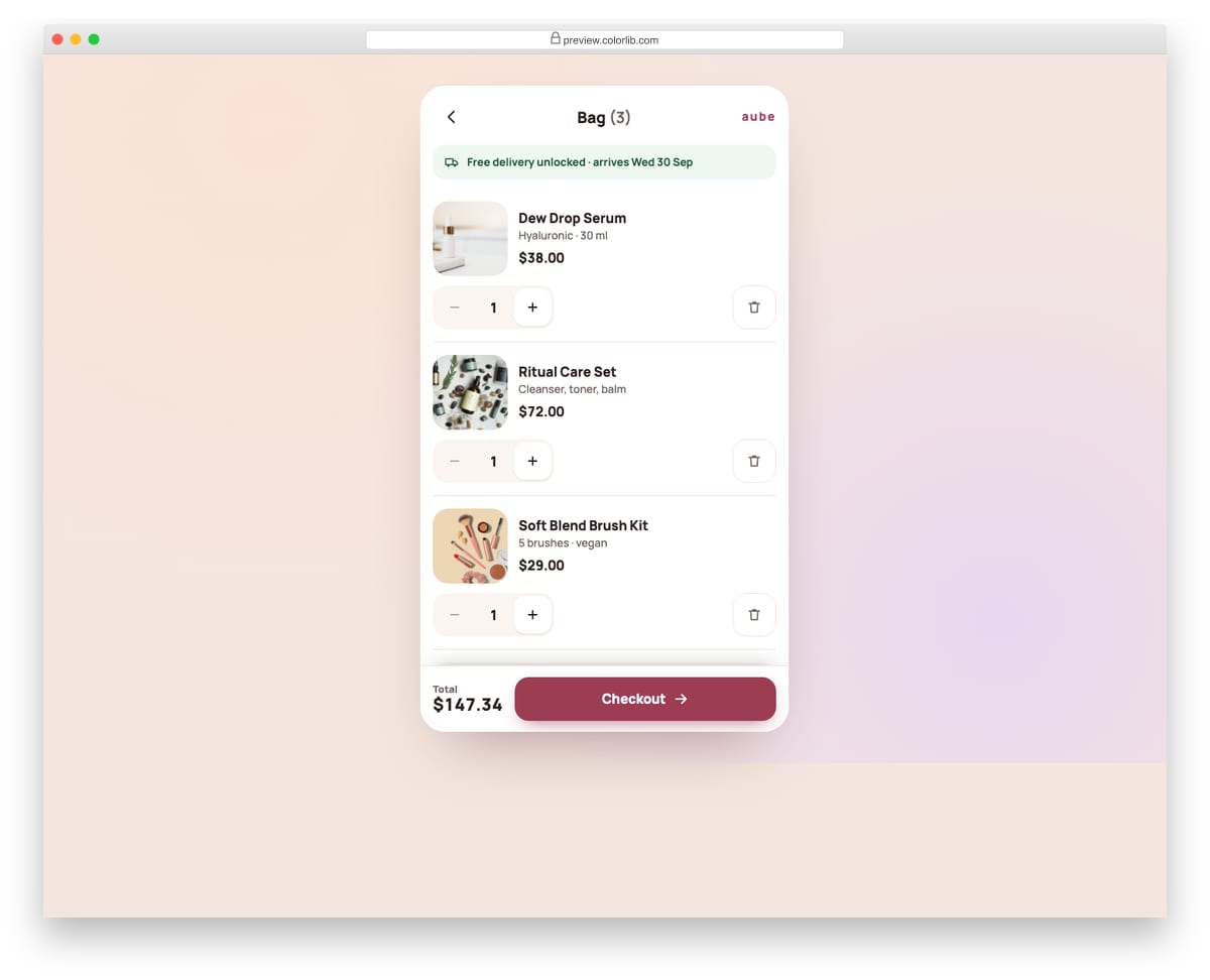 Shopping Cart V04: mobile-first bag with a sticky bottom checkout bar