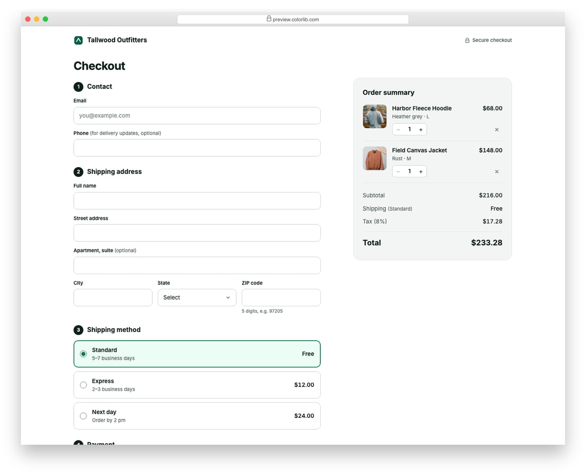 Shopping Cart V05: one-page checkout with shipping method cards and a payment form