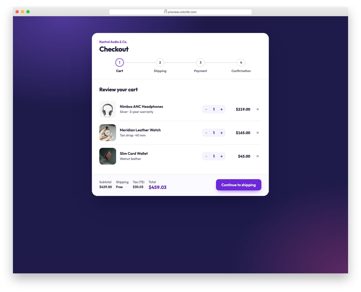 Shopping Cart V06: multi-step checkout: cart, shipping, payment, confirmation