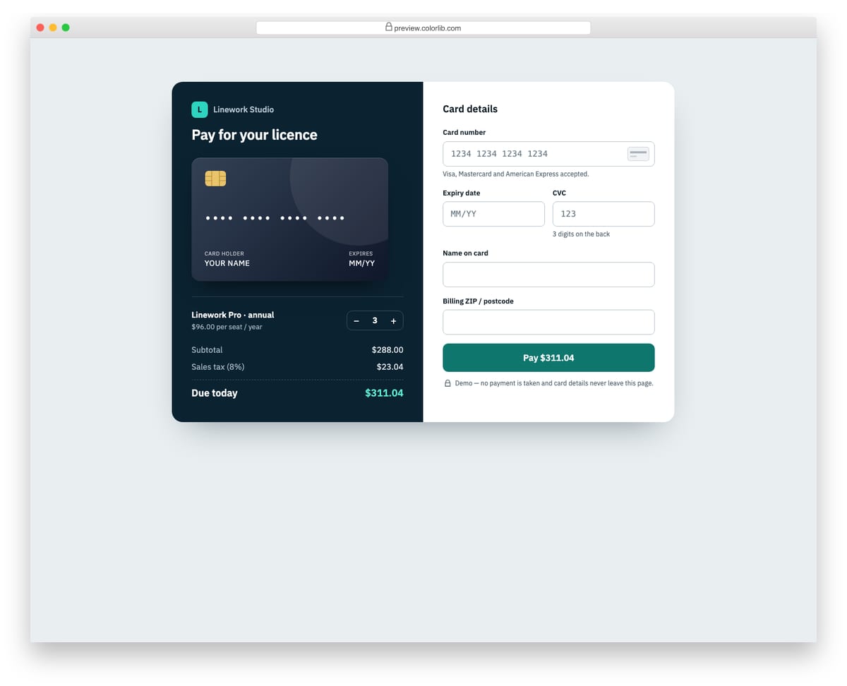 Shopping Cart V07: payment form with card brand detection and a live card preview