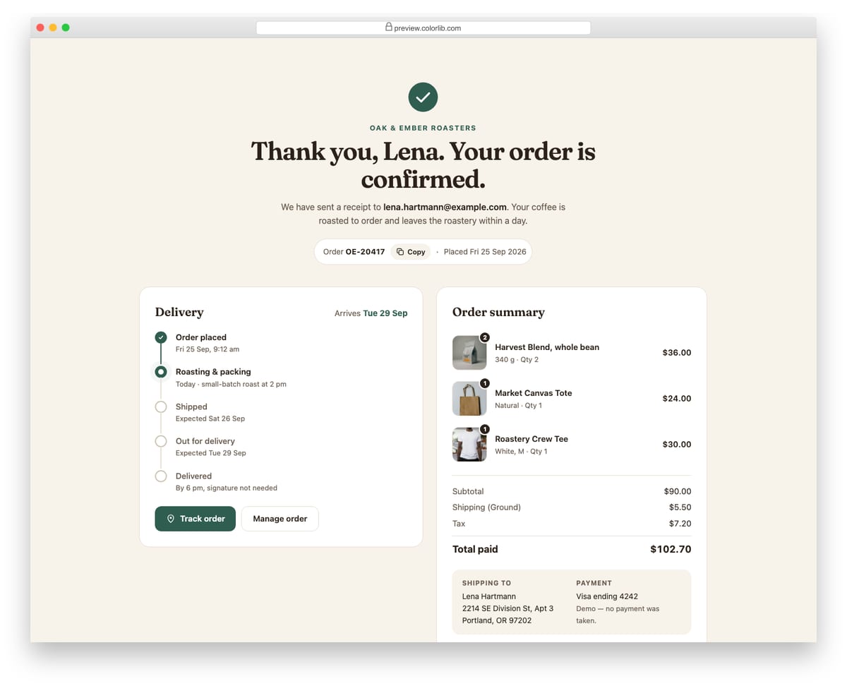 Shopping Cart V08: order confirmation and thank-you page with a delivery timeline