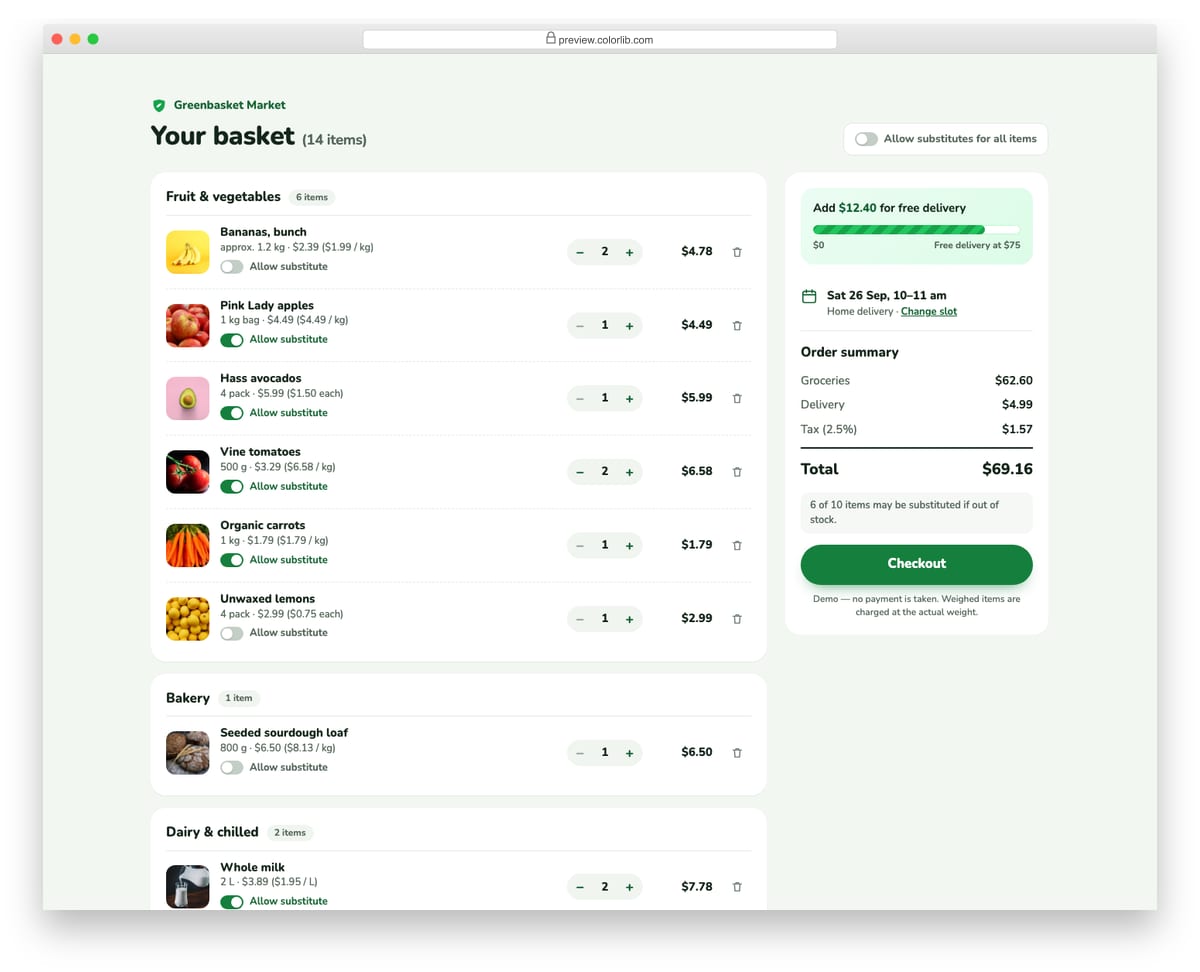 Shopping Cart V10: grocery basket grouped by aisle with a free-delivery progress bar