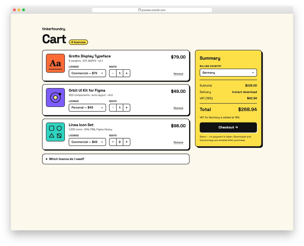Shopping Cart V11: digital products cart with per-item licence select and vat by country