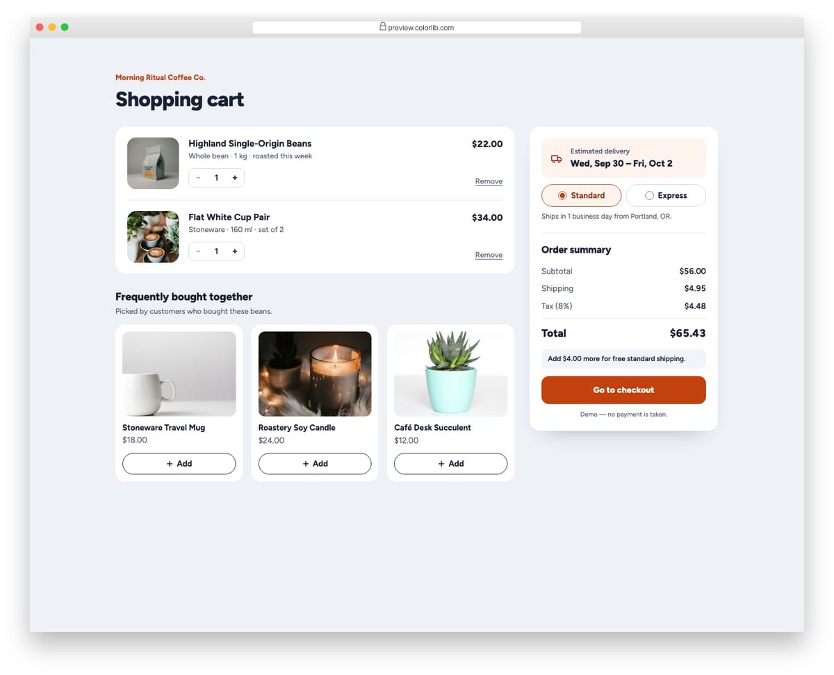 Shopping Cart V12: cart with frequently bought together add-ons and an estimated delivery date