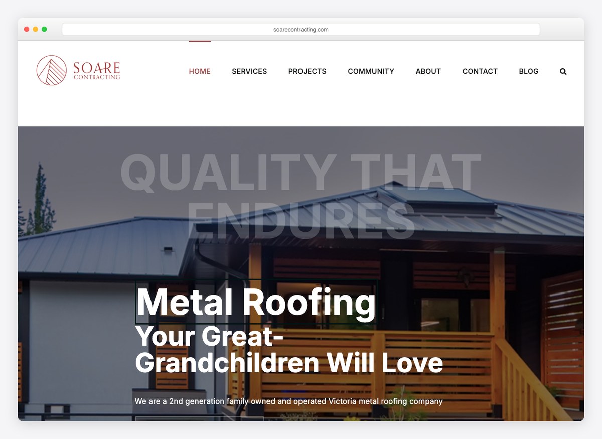 Soare Contracting roofing company website homepage