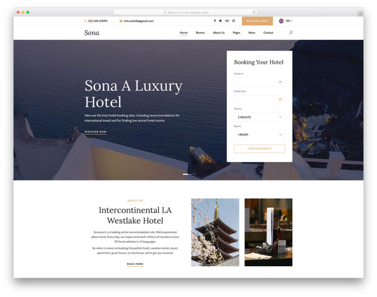 Sona hotel website template screenshot