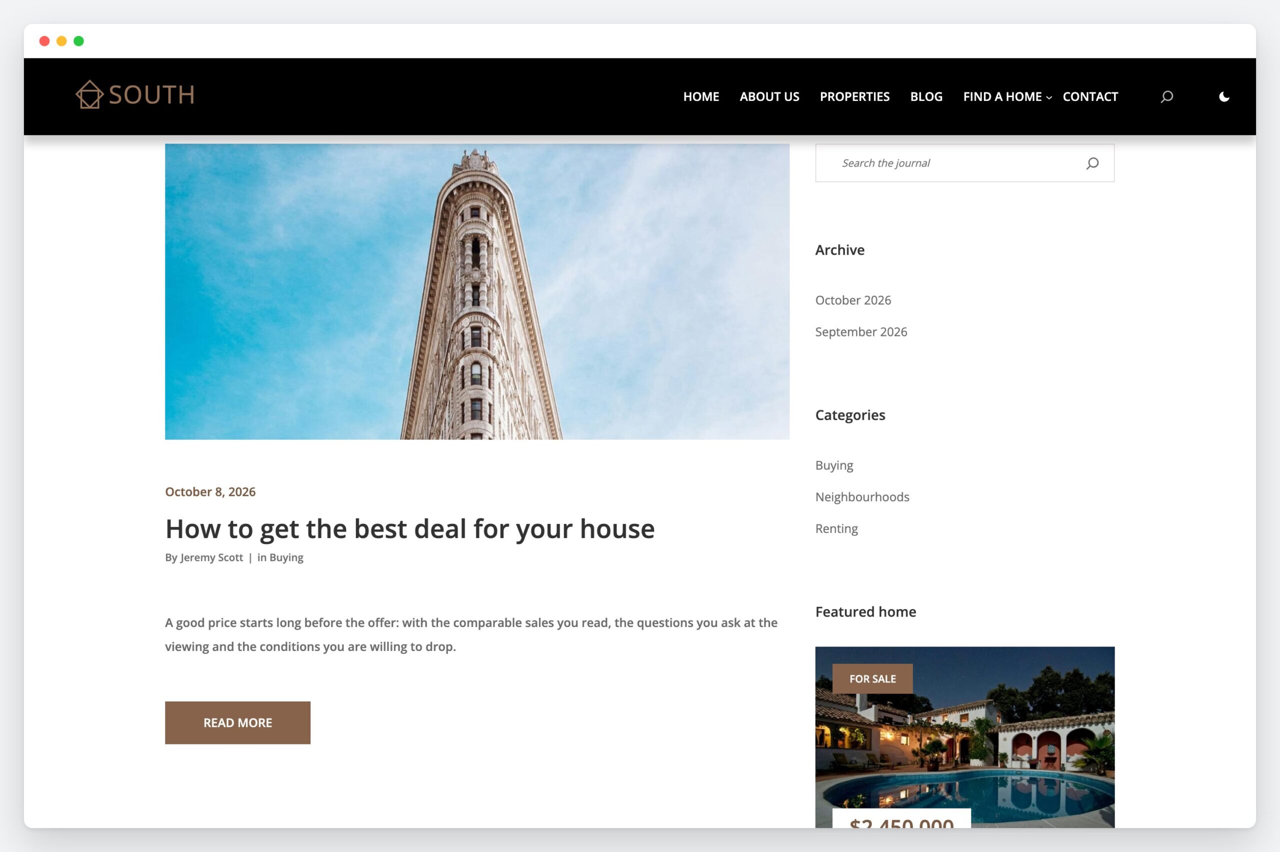 The South journal with a post, an archive, categories and a featured home in the sidebar