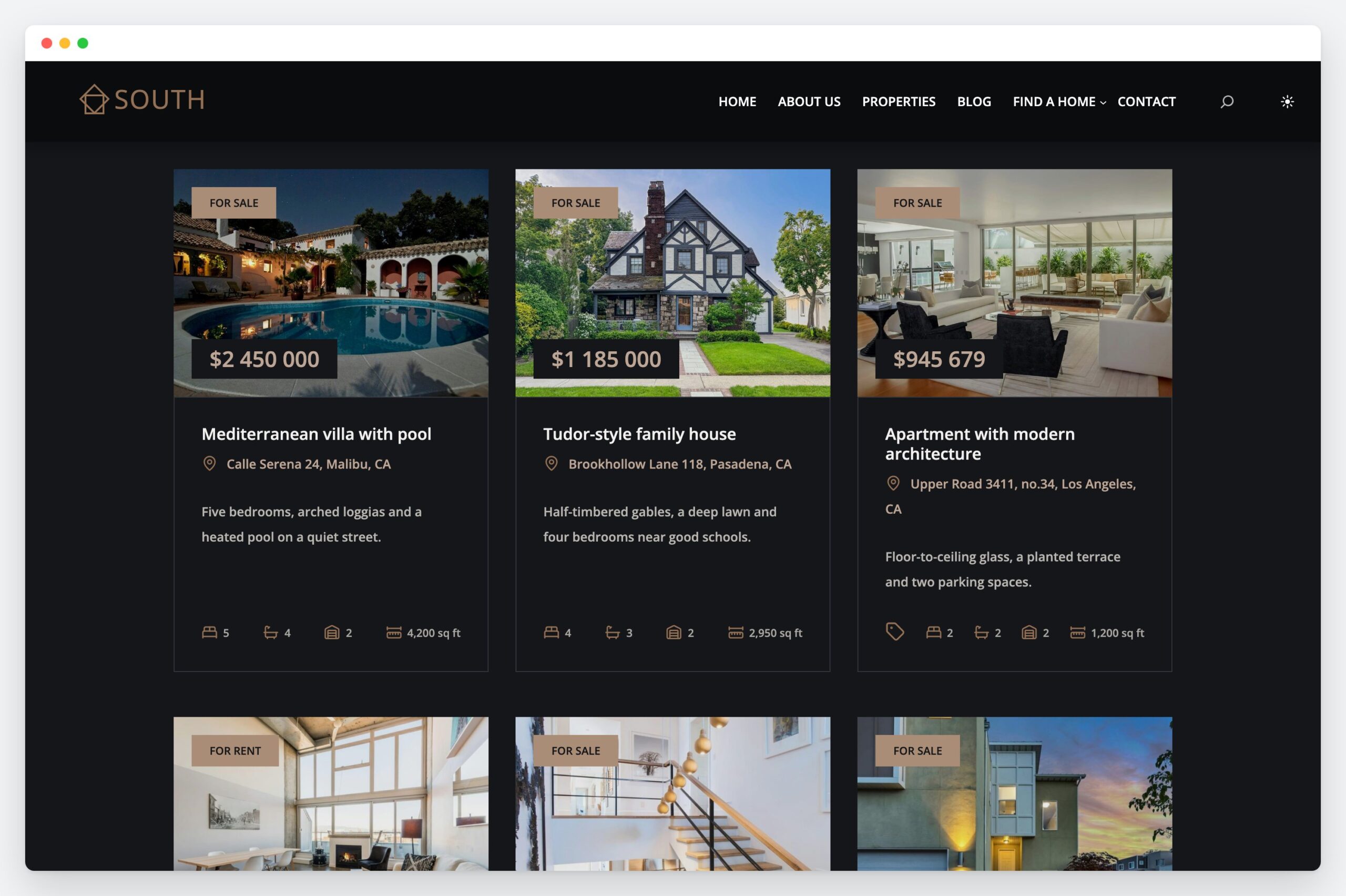 South property cards in dark mode on a near-black background