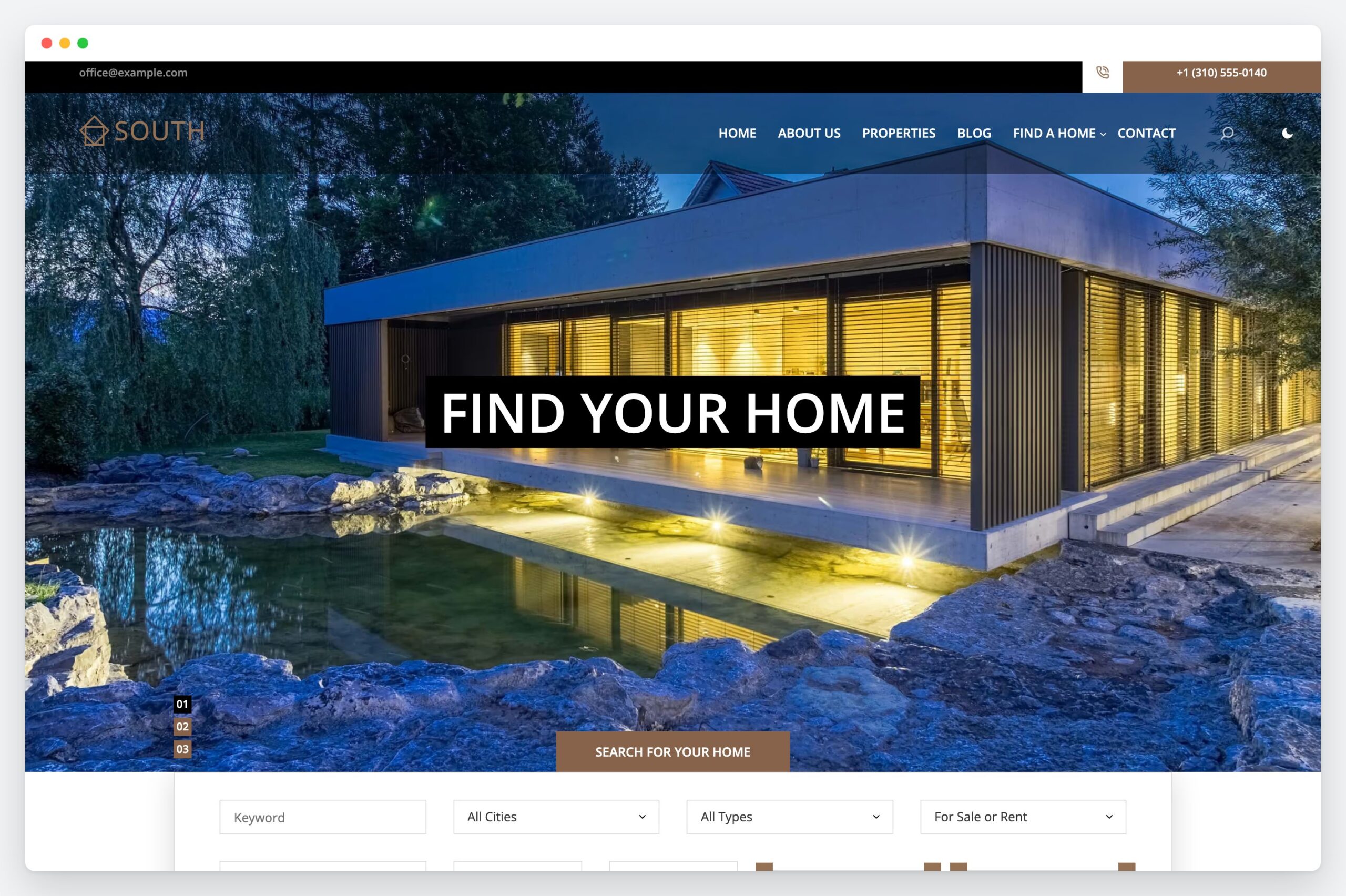 South theme home page: a modern house at dusk under the title Find your home, with the property search box below