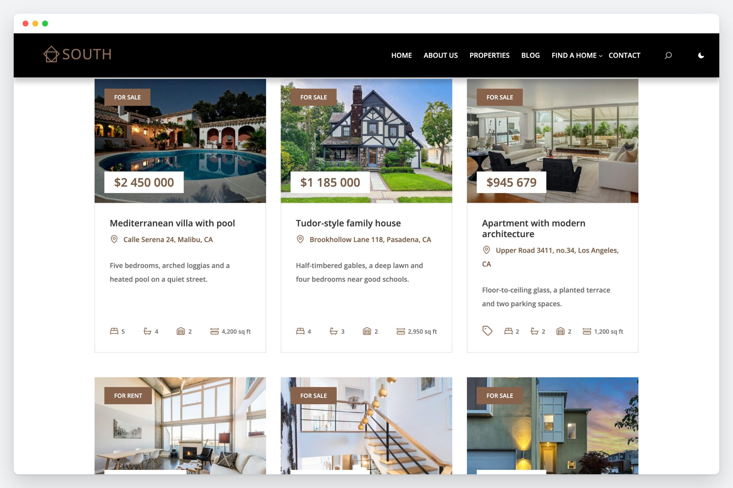Property listings in the South theme: cards with sale or rent tags, prices, addresses, bedrooms, bathrooms and floor area