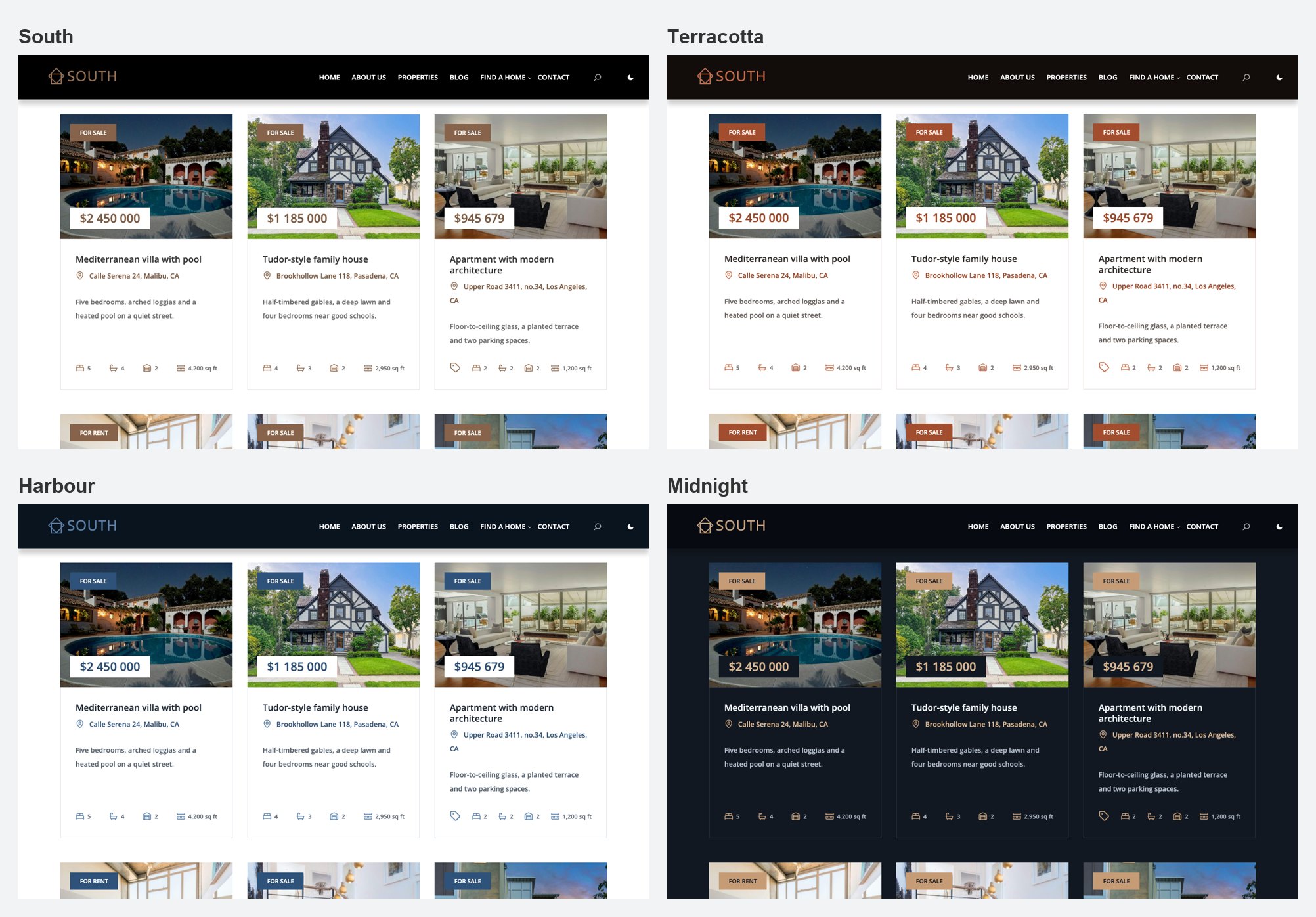 The same property section in four of South colour palettes: South, Terracotta, Harbour and Midnight