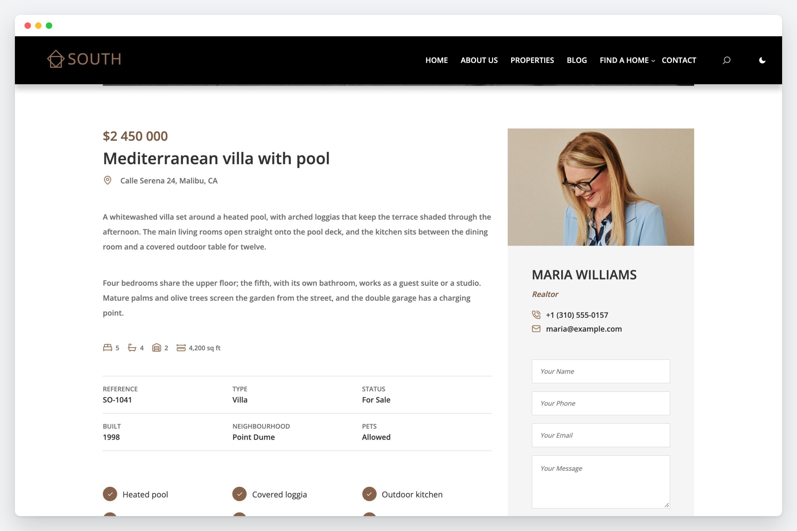 A single property page in South with price, address, description, facts, features and the listing agent with a contact form