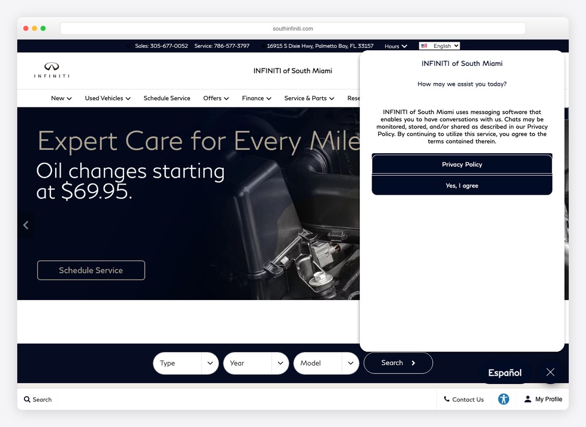 South Infiniti car dealer website homepage