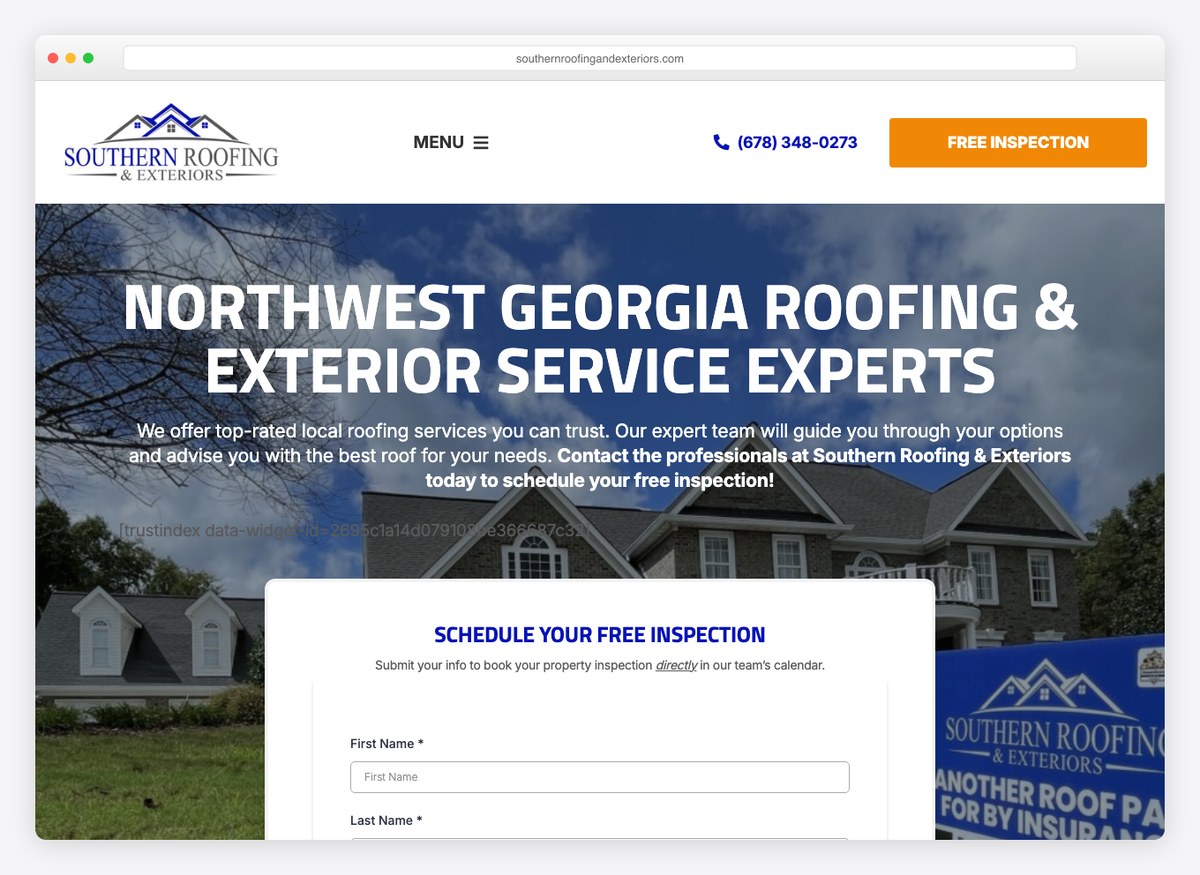 Southern Roofing & Exteriors roofing company website homepage