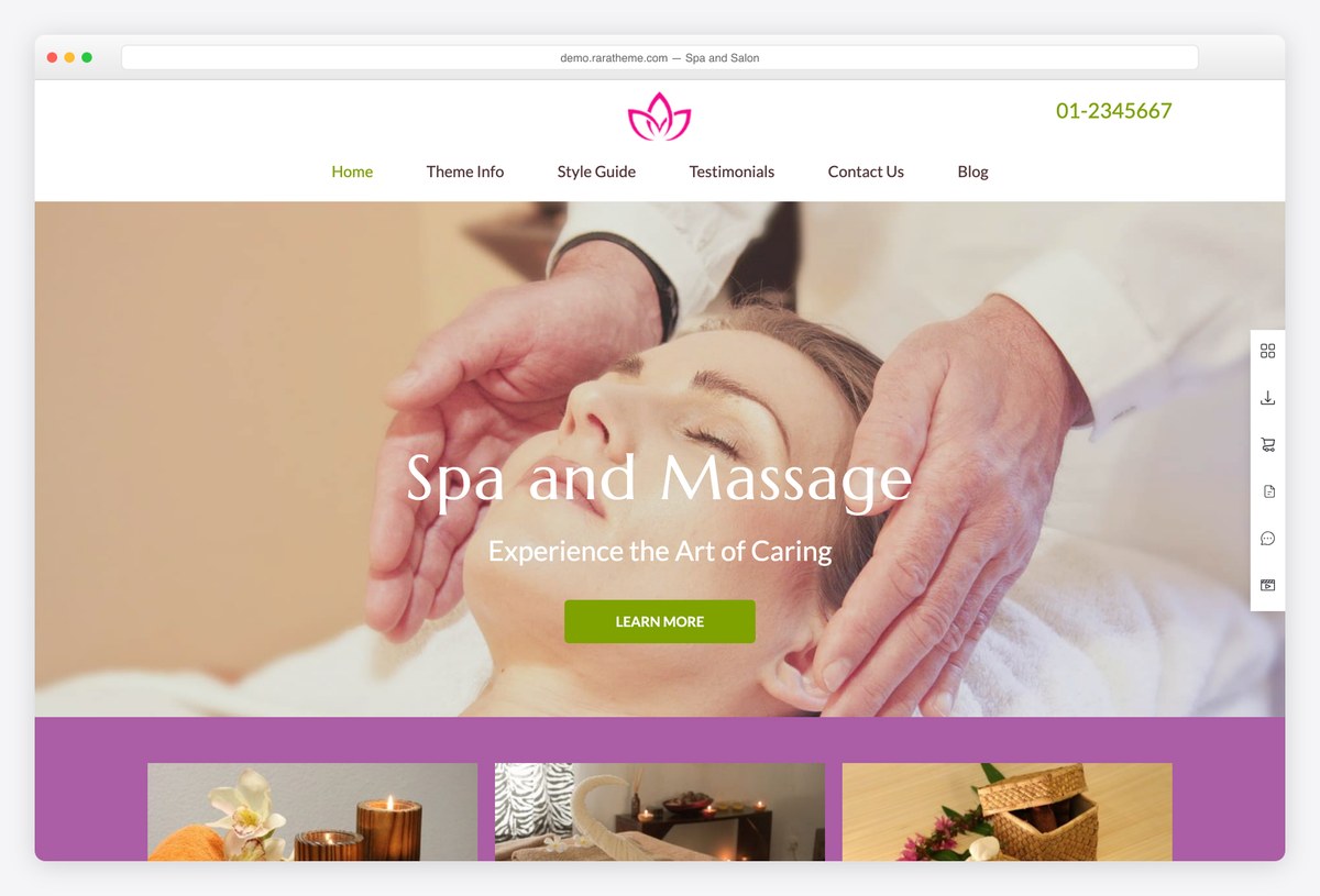 Spa and Salon free WordPress theme demo with treatment listings