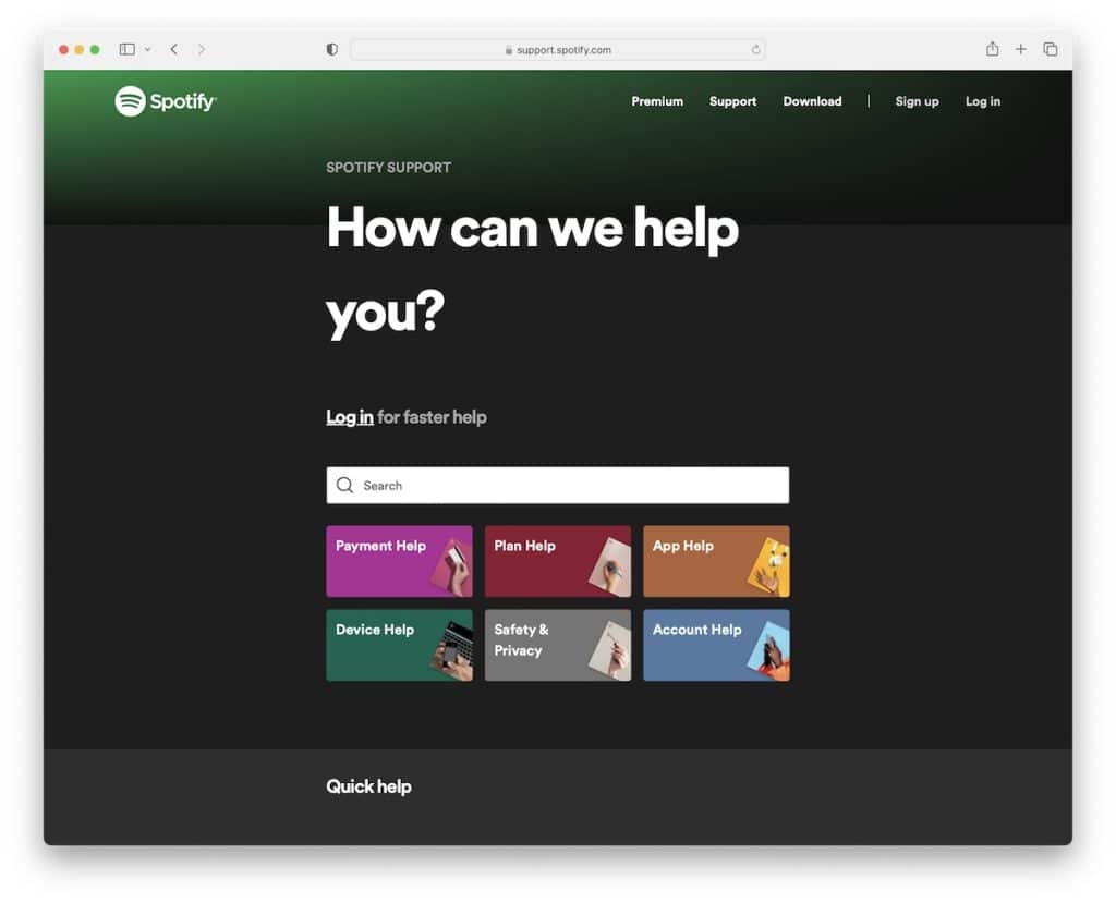 spotify support page example
