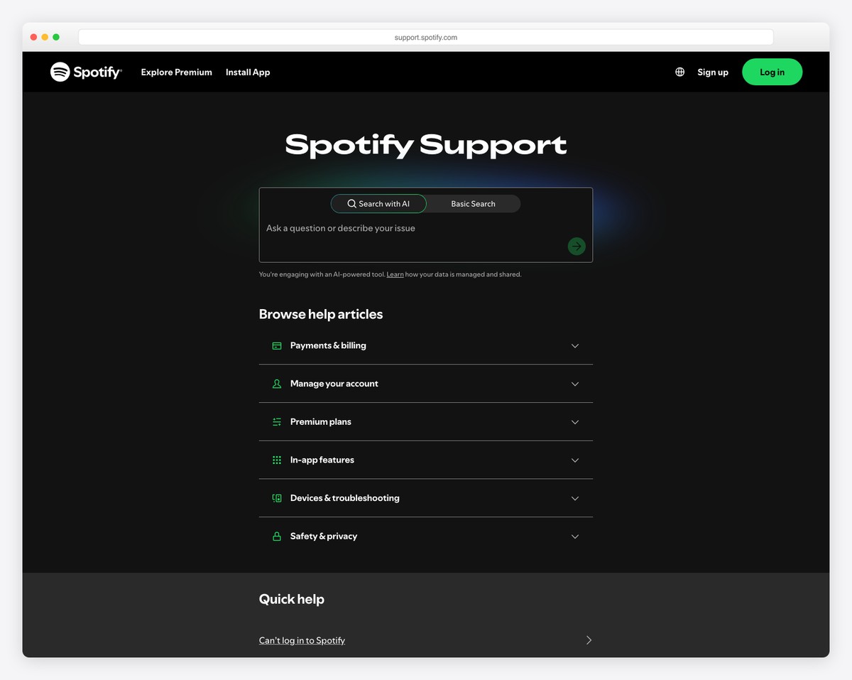 spotify support page example