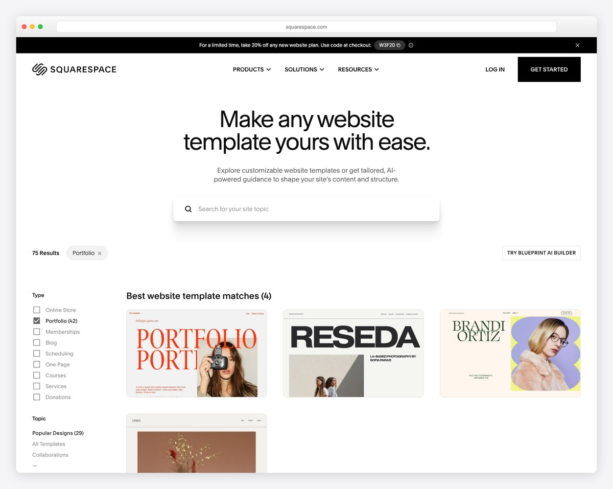 Squarespace website builder portfolio templates for artists
