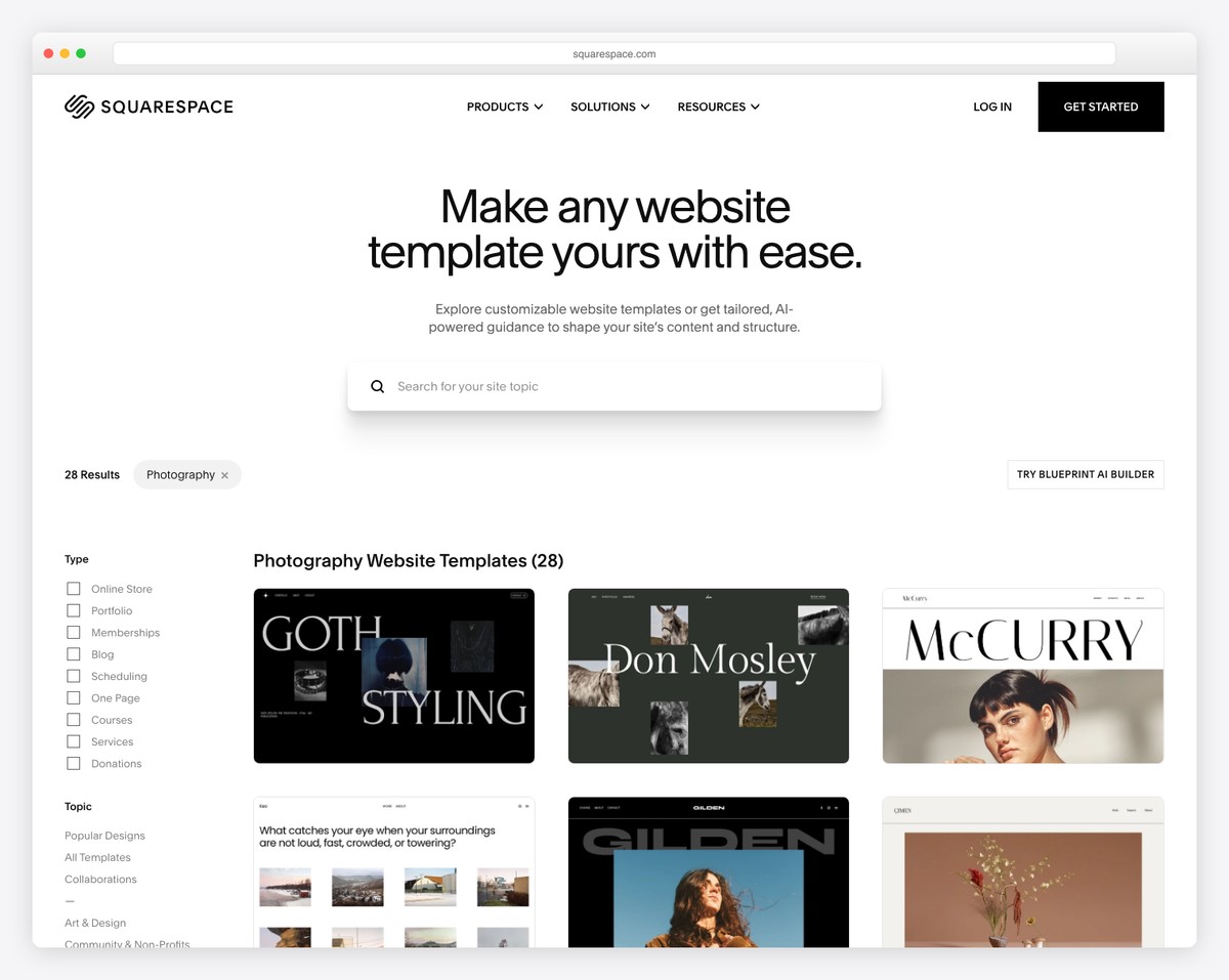 Squarespace photography website builder with portfolio templates