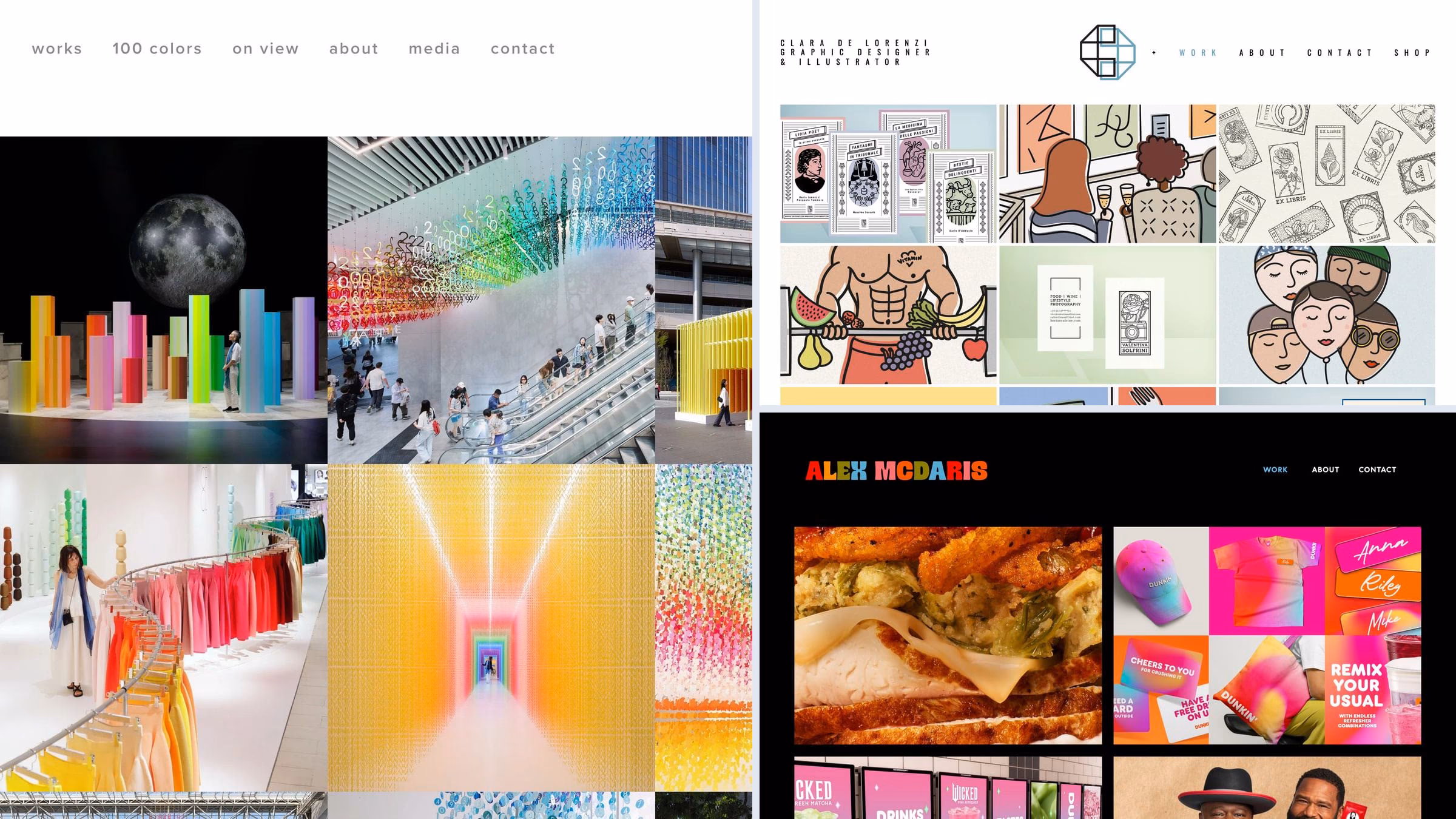 Squarespace portfolio examples: Emmanuelle Moureaux, Clara De Lorenzi and Alex McDaris