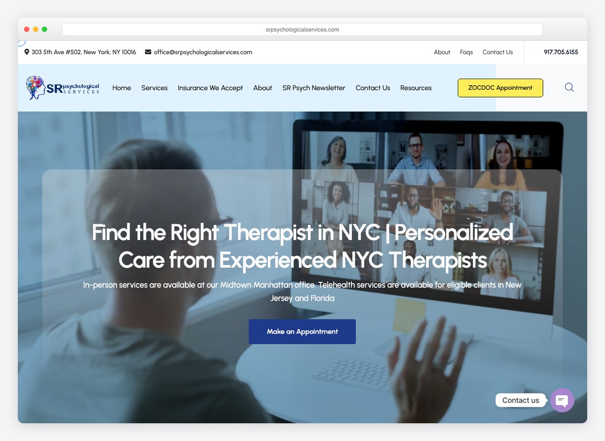 SR Psychological Services therapist website homepage
