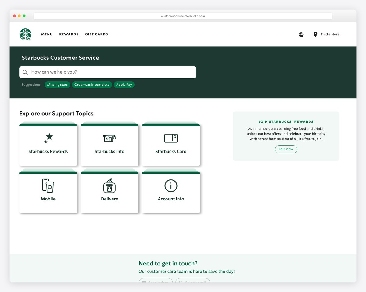 startbucks customer service page example
