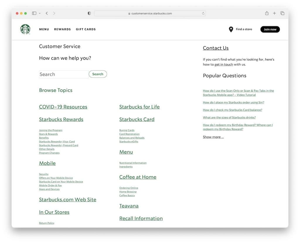 startbucks customer service page example
