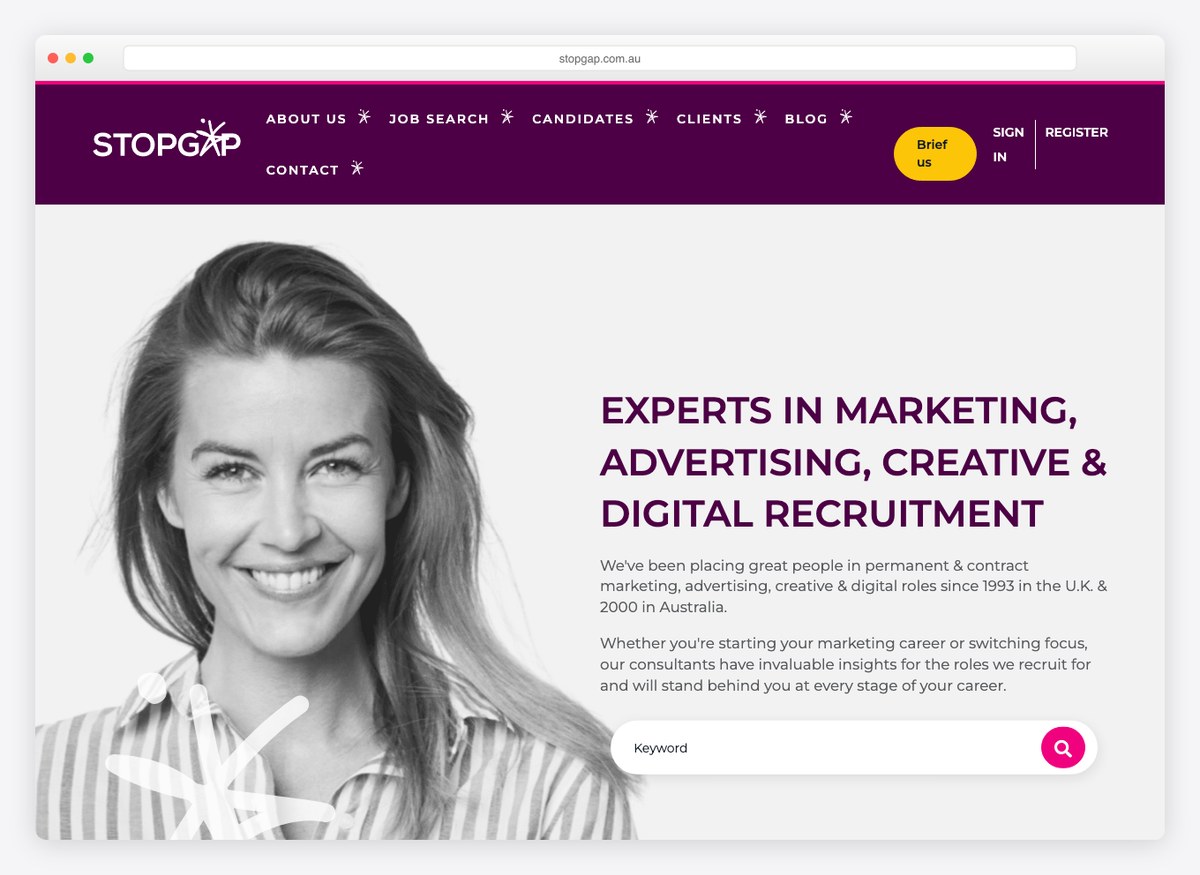 Stopgap recruitment website homepage
