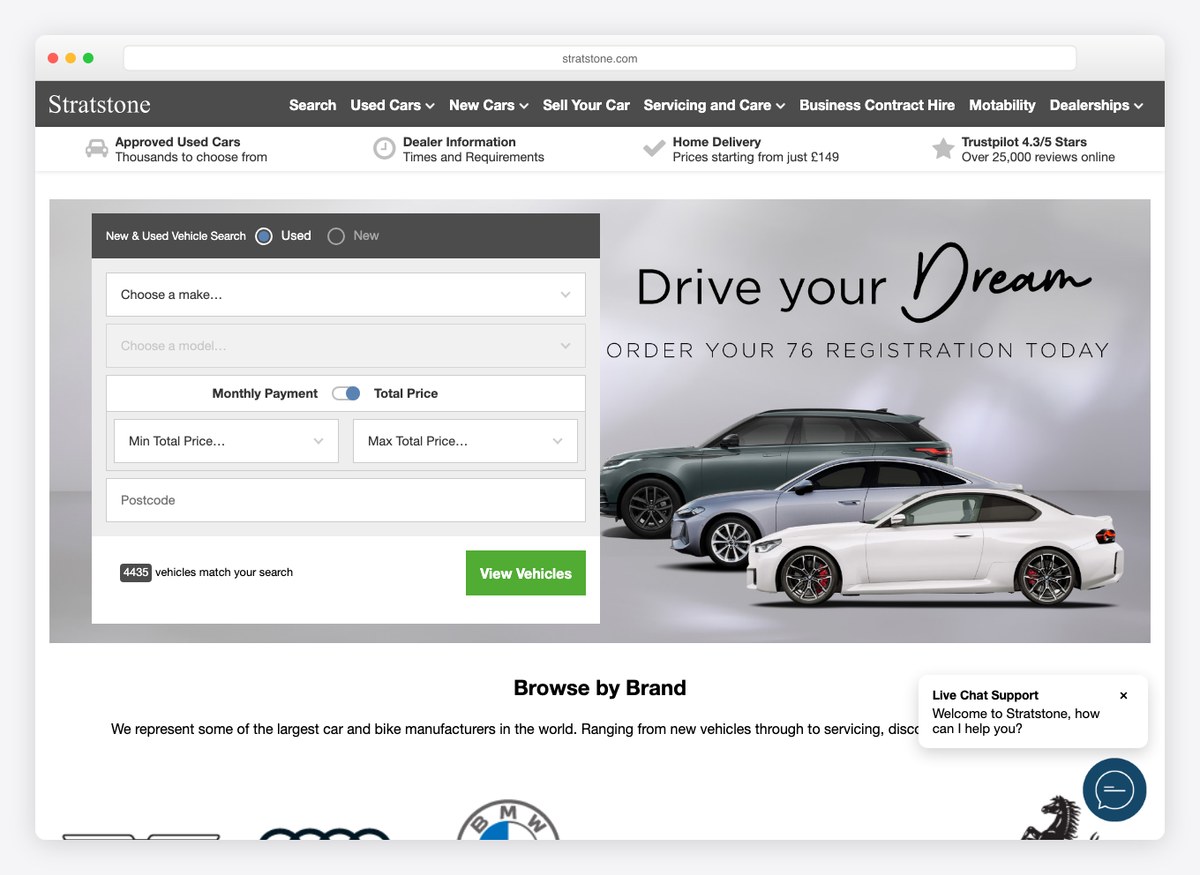 Stratstone car dealer website homepage