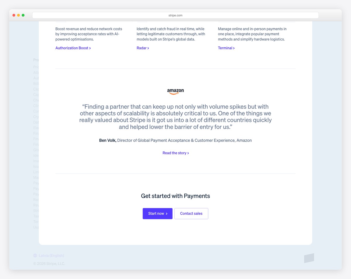 Stripe footer with organized product links and developer resources