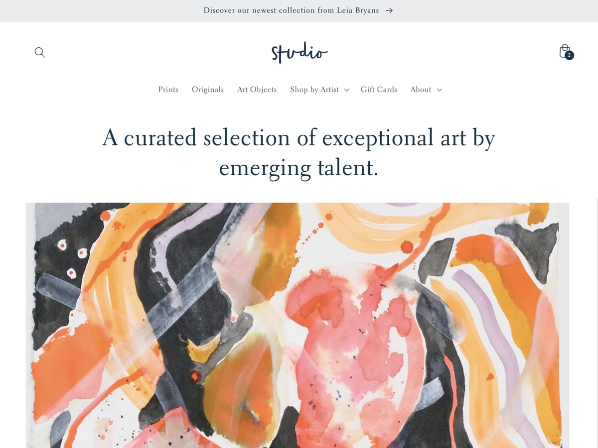Studio free Shopify theme homepage for an online art gallery