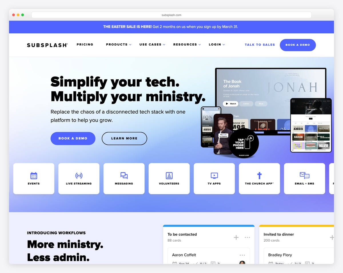 Subsplash church platform showing branded mobile app and website with sermon streaming and online giving