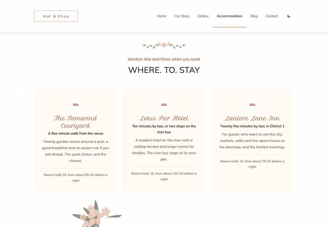 The Where. To. Stay section of the Accommodation page: three cream cards for The Tamarind Courtyard, Lotus Pier Hotel and Lantern Lane Inn, each with a bed icon, how far it is from the venue, a line about it and the rooms held