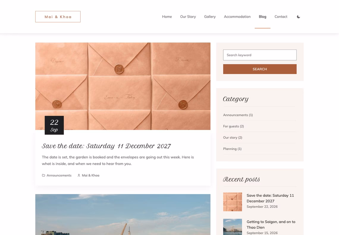 The blog: a post card with a photograph of peach envelopes sealed with wax, a dark date tab reading 22 Sep and the title Save the date: Saturday 11 December 2027, beside a sidebar of pale panels with search, categories and recent posts