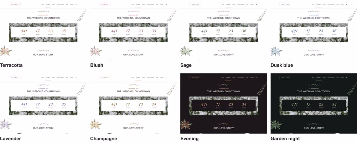 The countdown and love story heading in all eight colour palettes, four to a row: Terracotta, Blush, Sage, Dusk blue, Lavender and Champagne on white, and the dark palettes Evening and Garden night