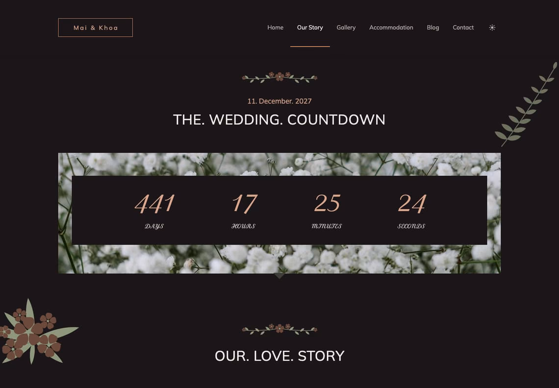 Sunshine in dark mode: the wedding countdown of days, hours, minutes and seconds in light terracotta script on a dark box over a band of baby's breath, with muted drawn leaves and blossoms on a warm near-black page