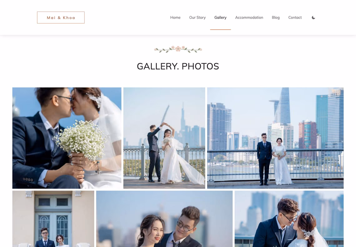 The gallery page: a drawn sprig over the title Gallery. Photos and the first row of wedding photographs in three different widths, the couple kissing with a bouquet of baby's breath, dancing on a bridge and standing before the city skyline