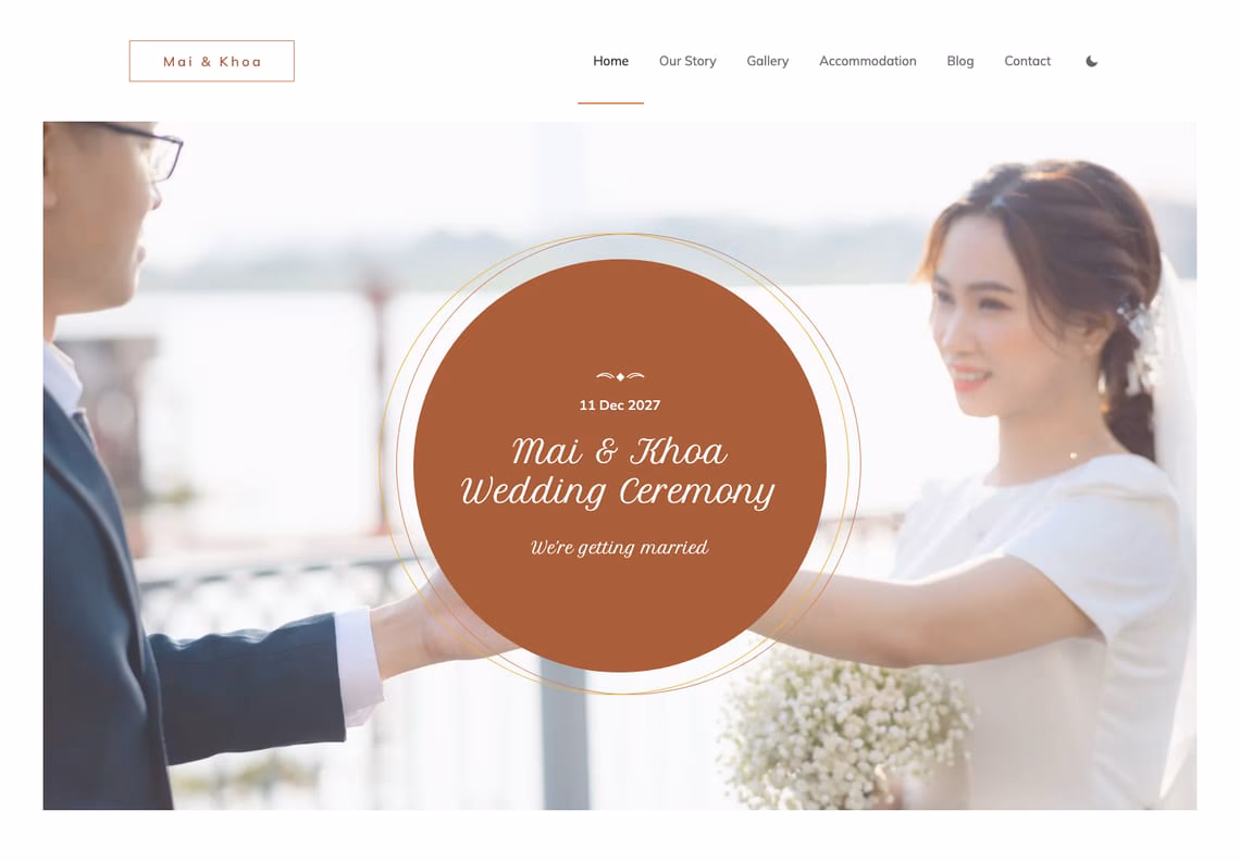 Sunshine home page: the couple's names, Mai & Khoa, and the date 11 Dec 2027 in a terracotta circle ringed by a gold and a terracotta line, over a photograph of the groom holding out his hand to the smiling bride by the river, under a white header with the names in a thin frame
