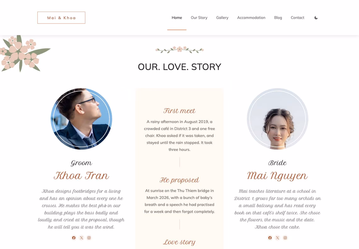 The love story section: a spray of drawn pink blossoms, the title Our. Love. Story, round portraits of the groom Khoa Tran and the bride Mai Nguyen with short biographies in script, and between them a cream timeline beginning with First meet and He proposed