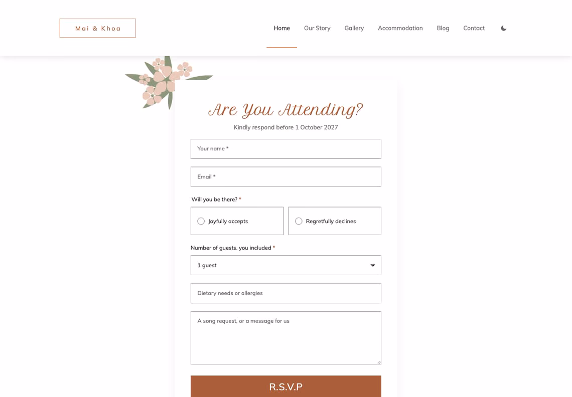 The RSVP card, Are You Attending?, kindly respond before 1 October 2027: fields for name and email, a choice between Joyfully accepts and Regretfully declines, the number of guests, dietary needs, a song request or message, and a terracotta R.S.V.P button, with drawn blossoms at its corner