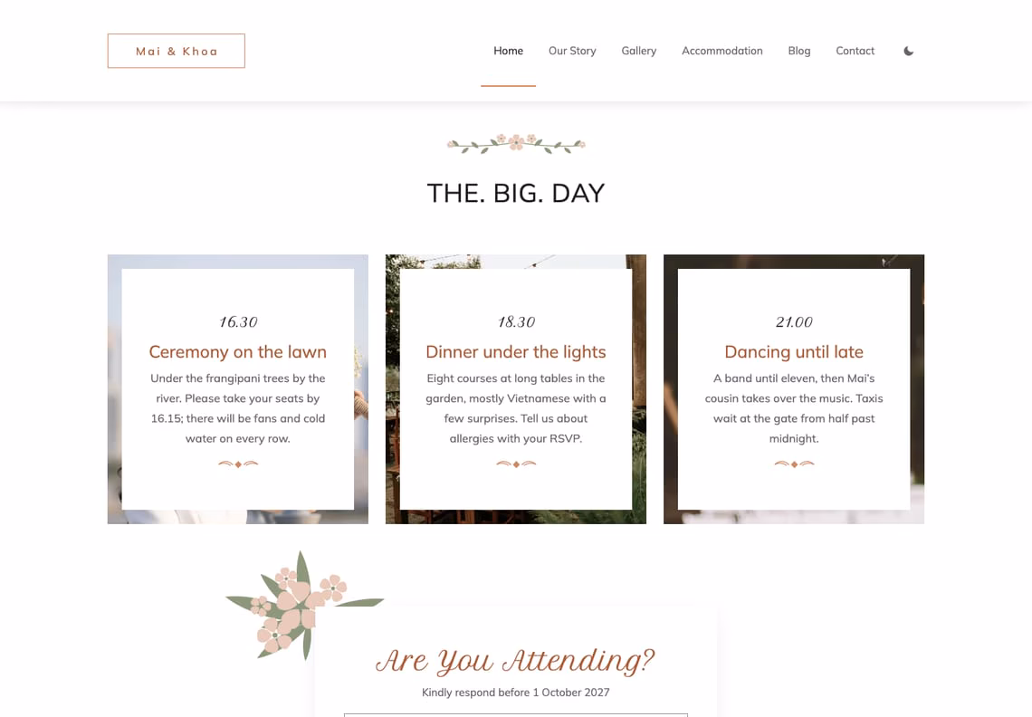The day's programme under the title The. Big. Day: three photograph-framed white cards for the ceremony on the lawn at 16.30, dinner under the lights at 18.30 and dancing until late at 21.00, with the top of the RSVP card below