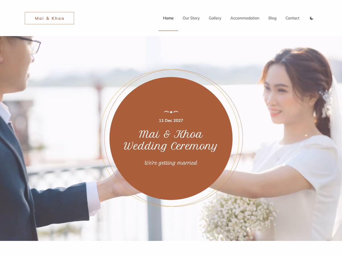 Sunshine WordPress theme home page: the couple's names and the date in a terracotta circle over a photograph of the groom holding out his hand to the smiling bride by the river