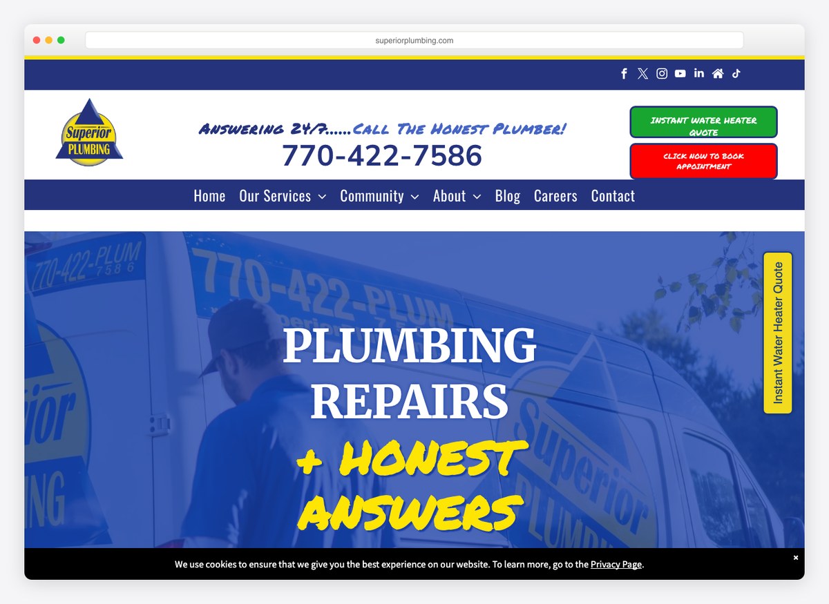 Superior Plumbing plumbing website homepage