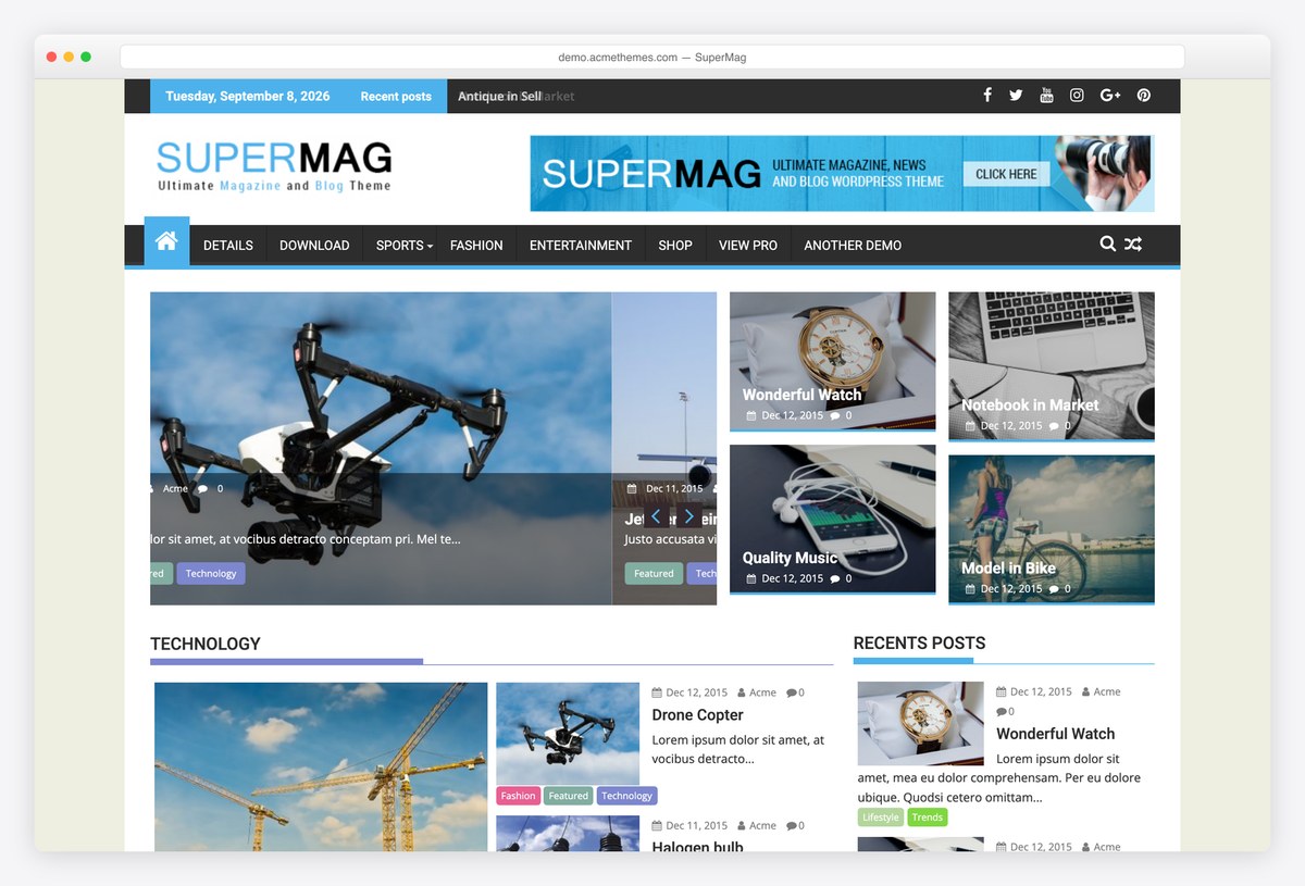 SuperMag free WordPress magazine theme with a slider