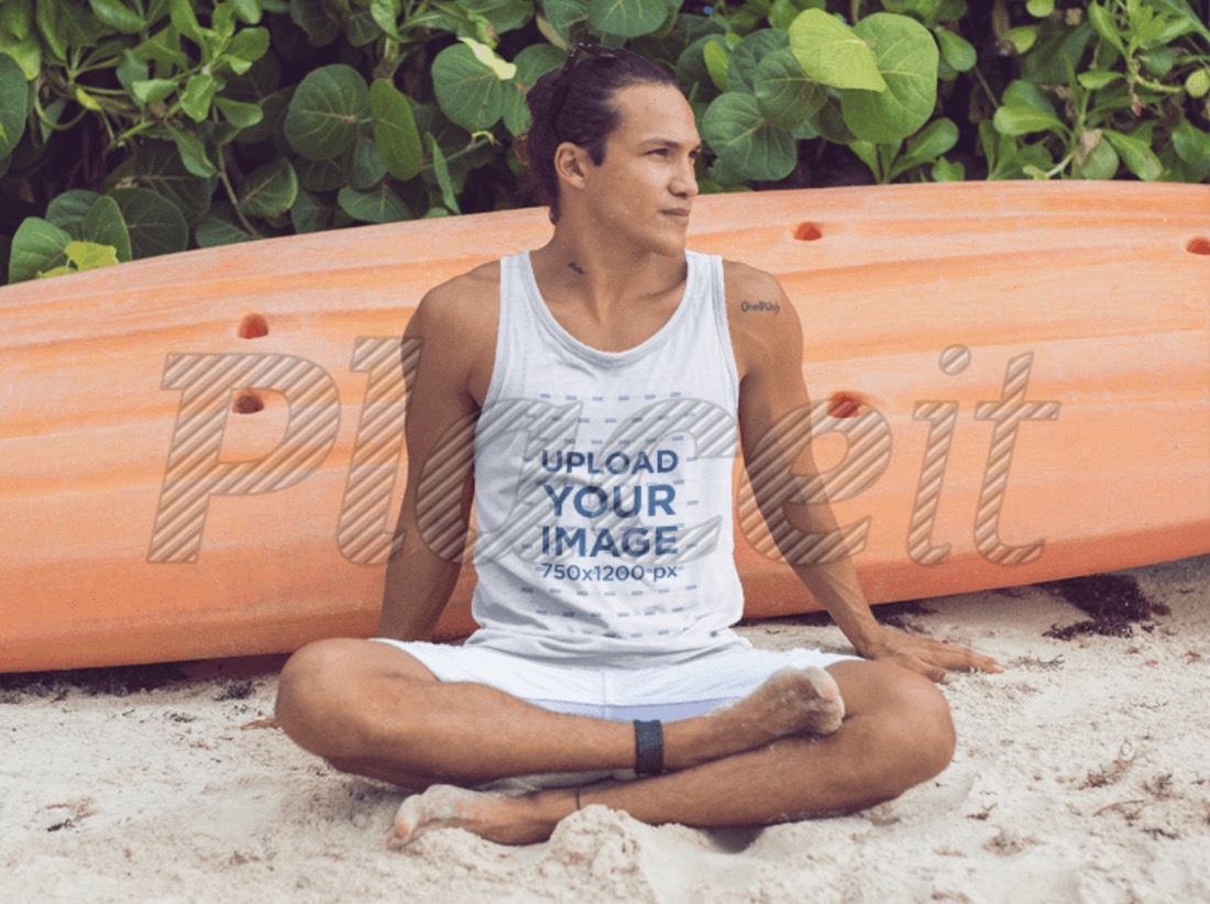 surfer guy sitting in the sand wearing tank top mockup