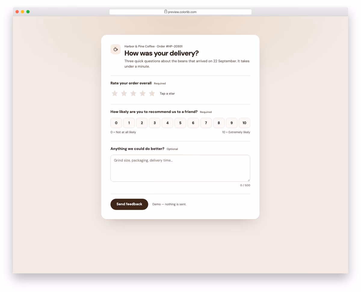 Survey Form V01: customer satisfaction survey with star rating, nps scale and comments