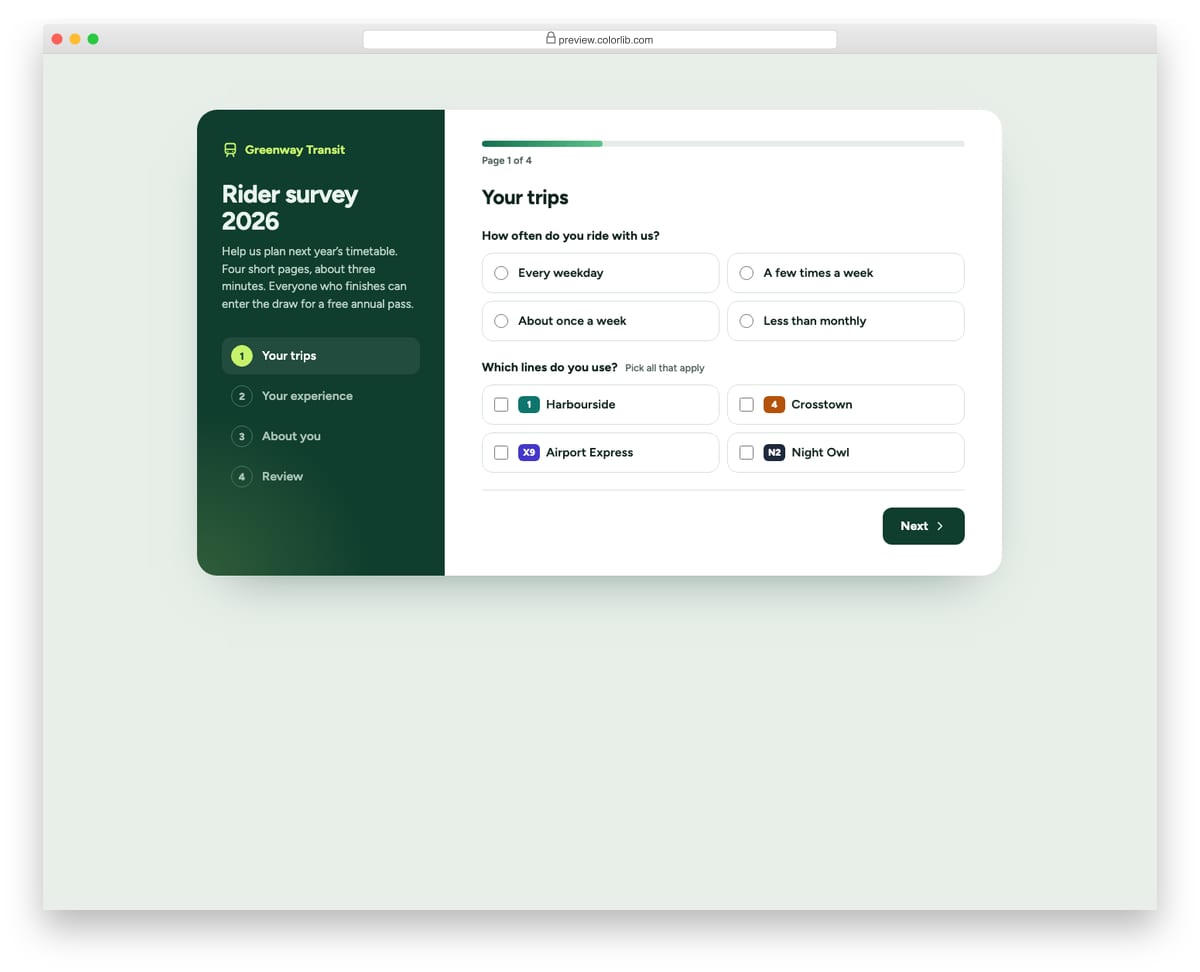 Survey Form V03: multi-page survey with progress bar, back/next and a review page