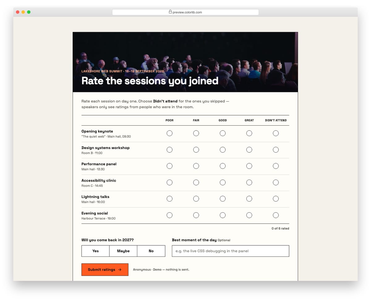 Survey Form V05: event feedback form with a matrix of sessions by rating columns