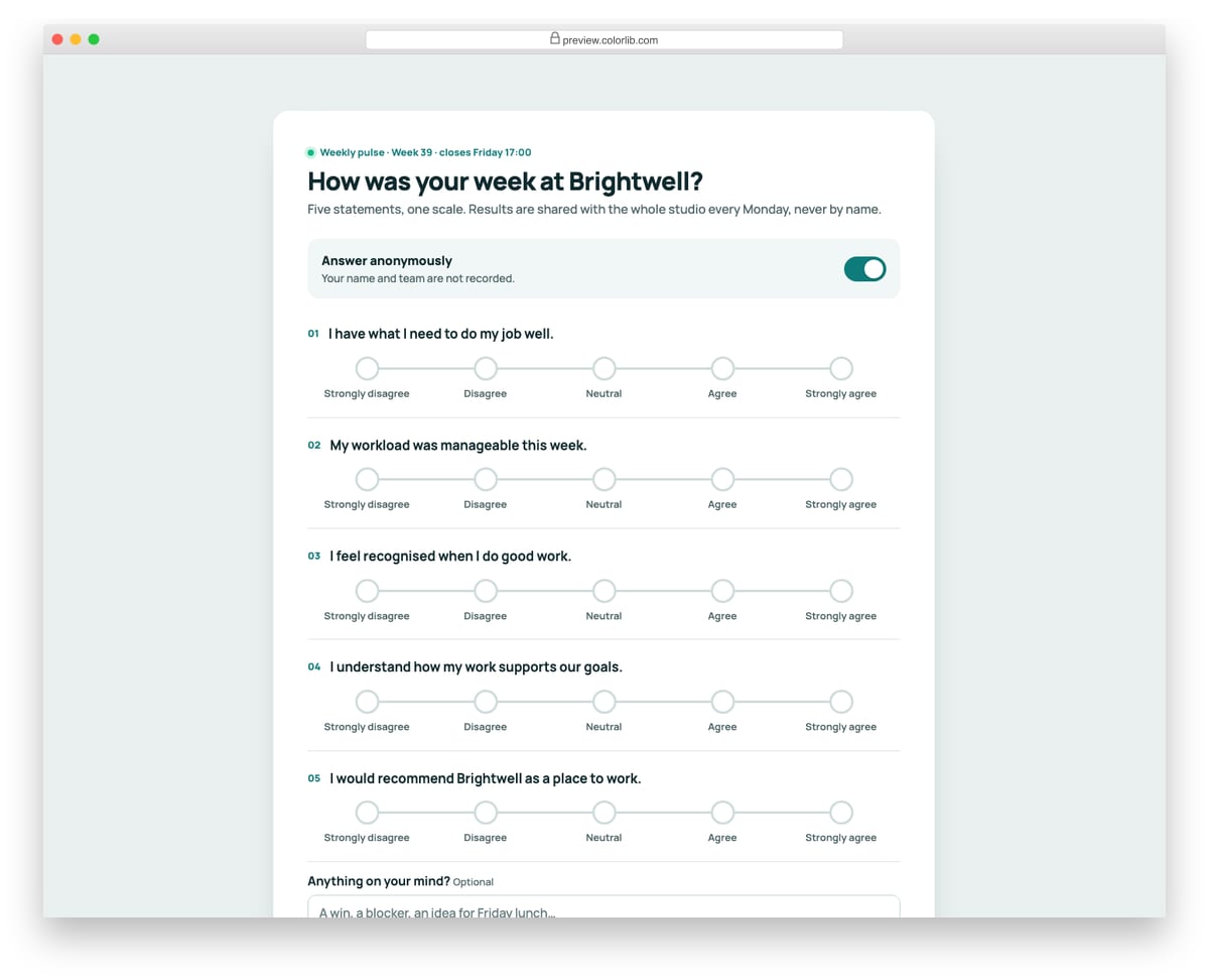 Survey Form V06: employee pulse survey with likert agree/disagree scales and an anonymous toggle