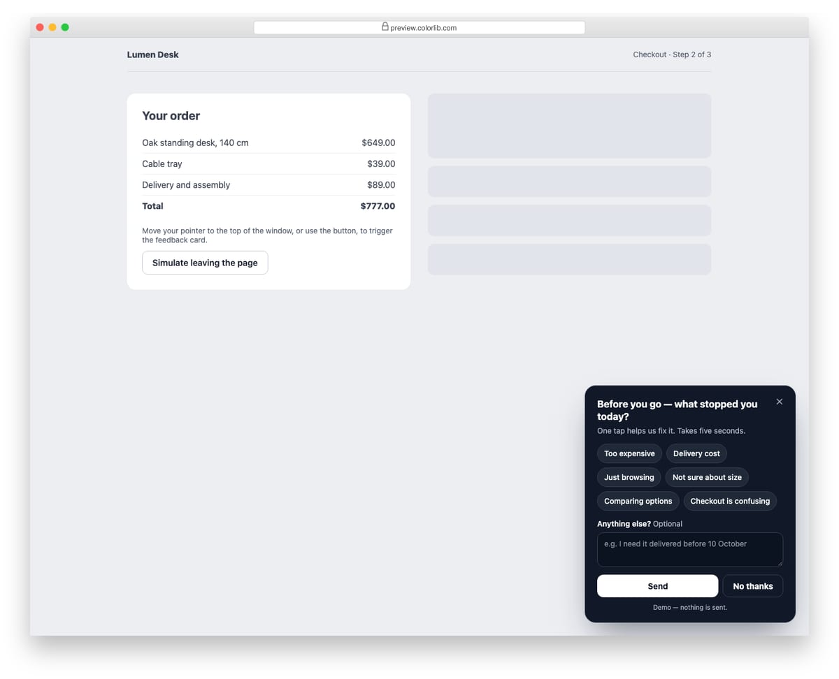 Survey Form V10: exit-intent feedback card asking what stopped the visitor, with reason chips